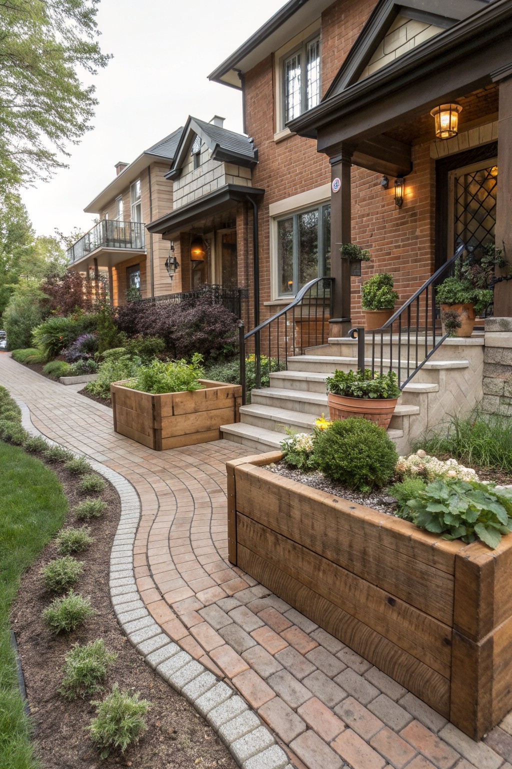 Winding brick pathway edged with wooden raised planters containing herbs and plants, leading to stone steps at the entrance of a brick house with greenery and potted plants nearby.