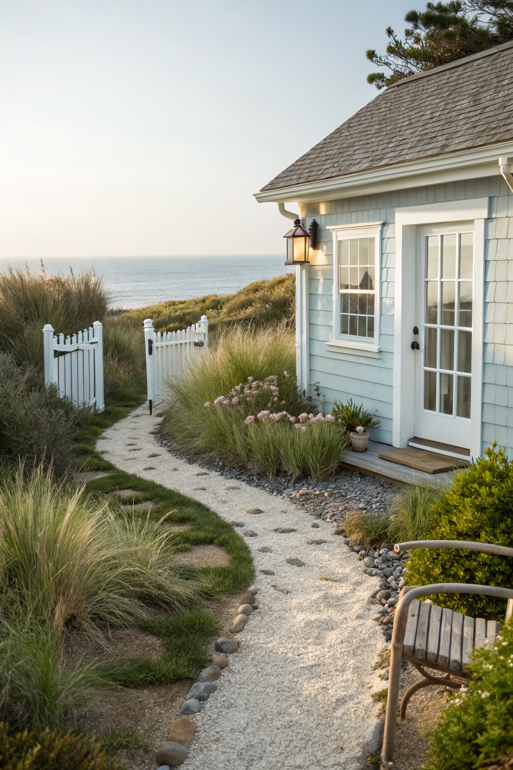 Light blue shingle-style cottage beside ocean dunes with white picket gate, winding gravel path edged in tall grasses and plants leading to front door, and a metal chair nearby.
