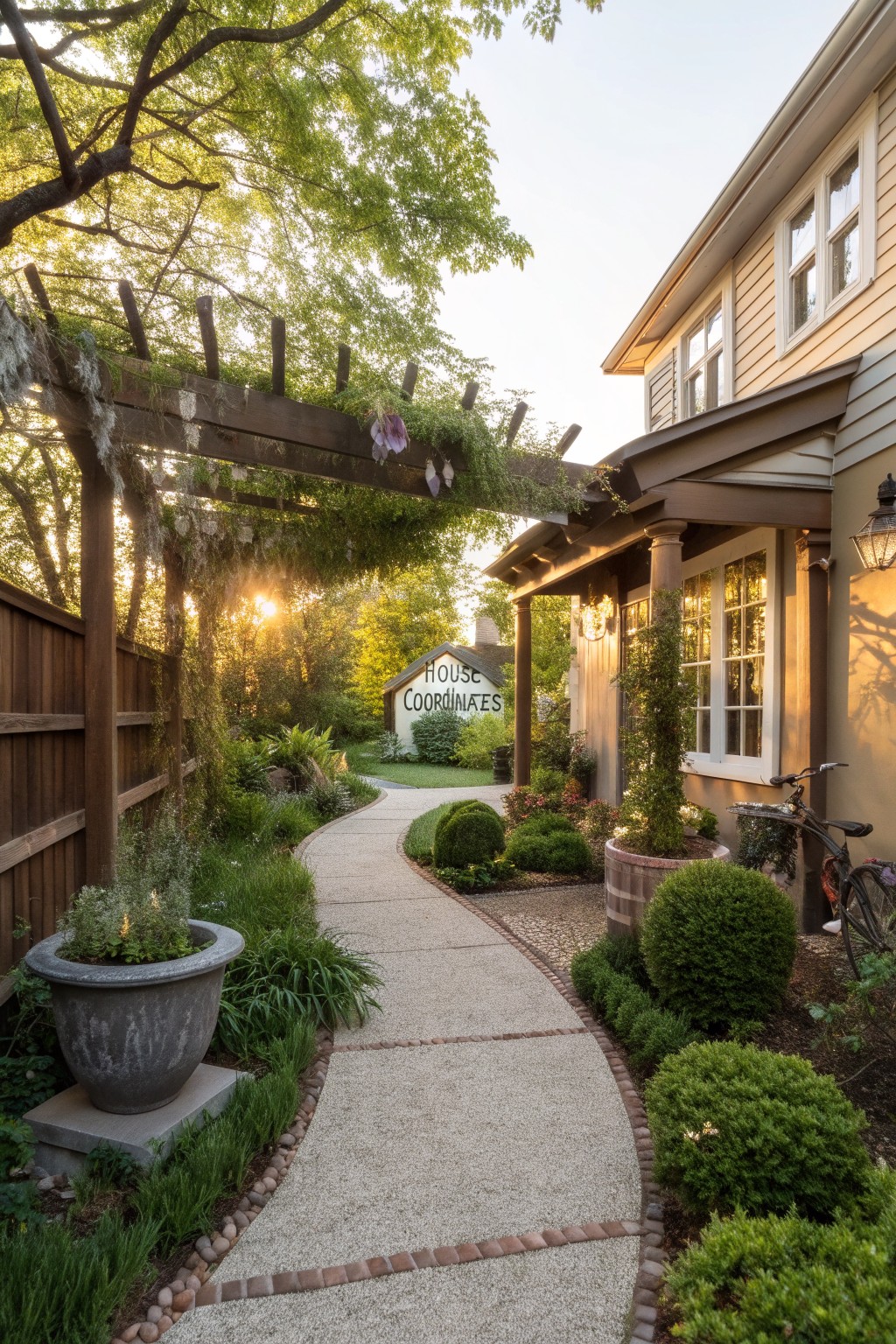 A curved pebble garden path with brick edging winds through layered greenery, potted plants, and shrubs toward a house entrance beneath a wooden arbor covered in vines during sunset.