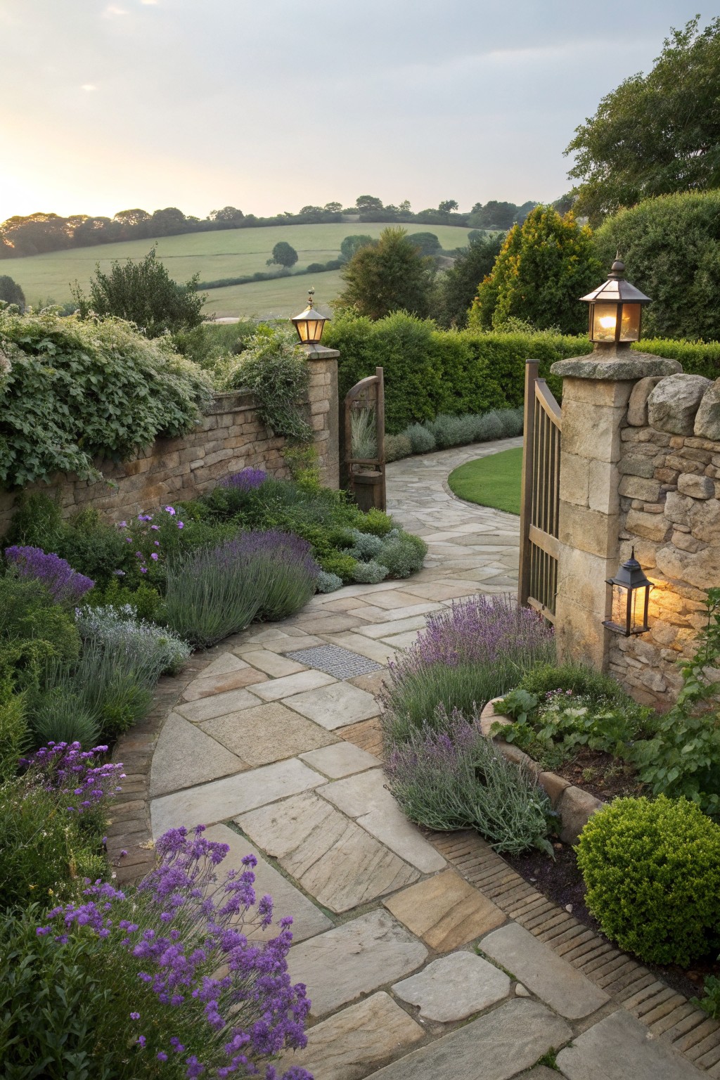 Winding flagstone path curves through garden beds of purple lavender and green shrubs, bordered by stone walls and leading to an open wooden gate between pillars with lanterns, set against rolling green hills at dusk.