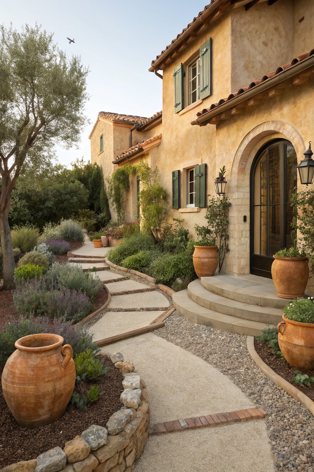 Beige stucco house with arched wooden door, green shutters, and tile roof approached by a curving stone step path through gravel garden beds with lavender, olive trees, and large terracotta pots.