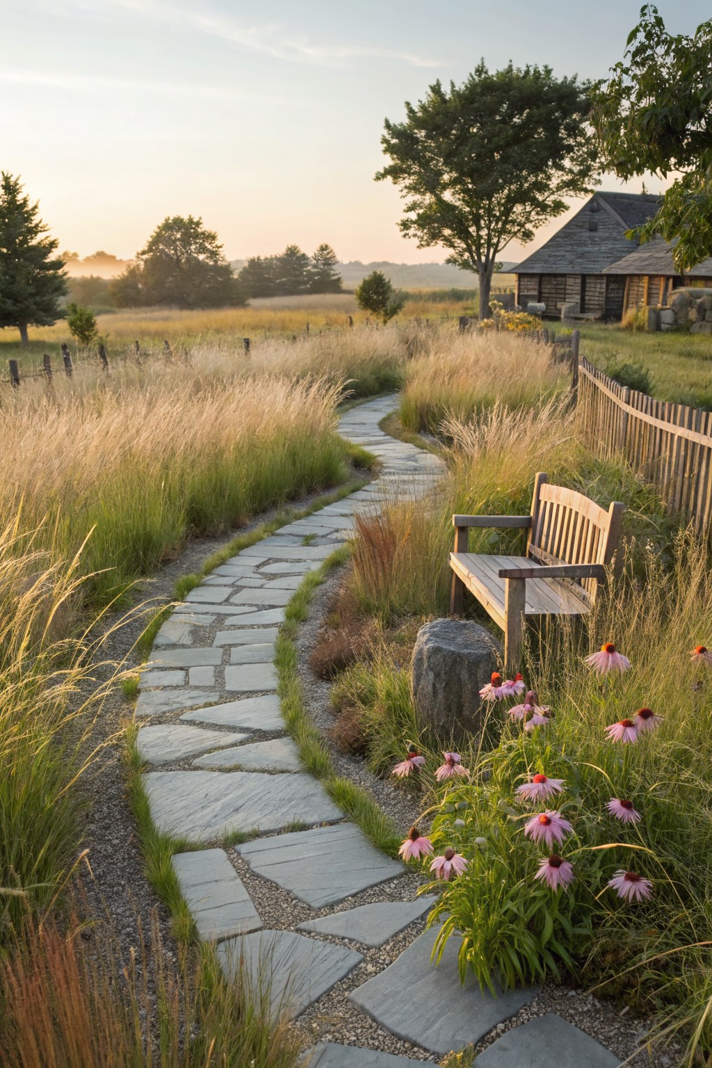 A curved flagstone path winds through tall golden grasses and pink coneflowers beside a wooden bench and large rock, leading past a split-rail fence toward a shingled log cabin in a field at sunset.