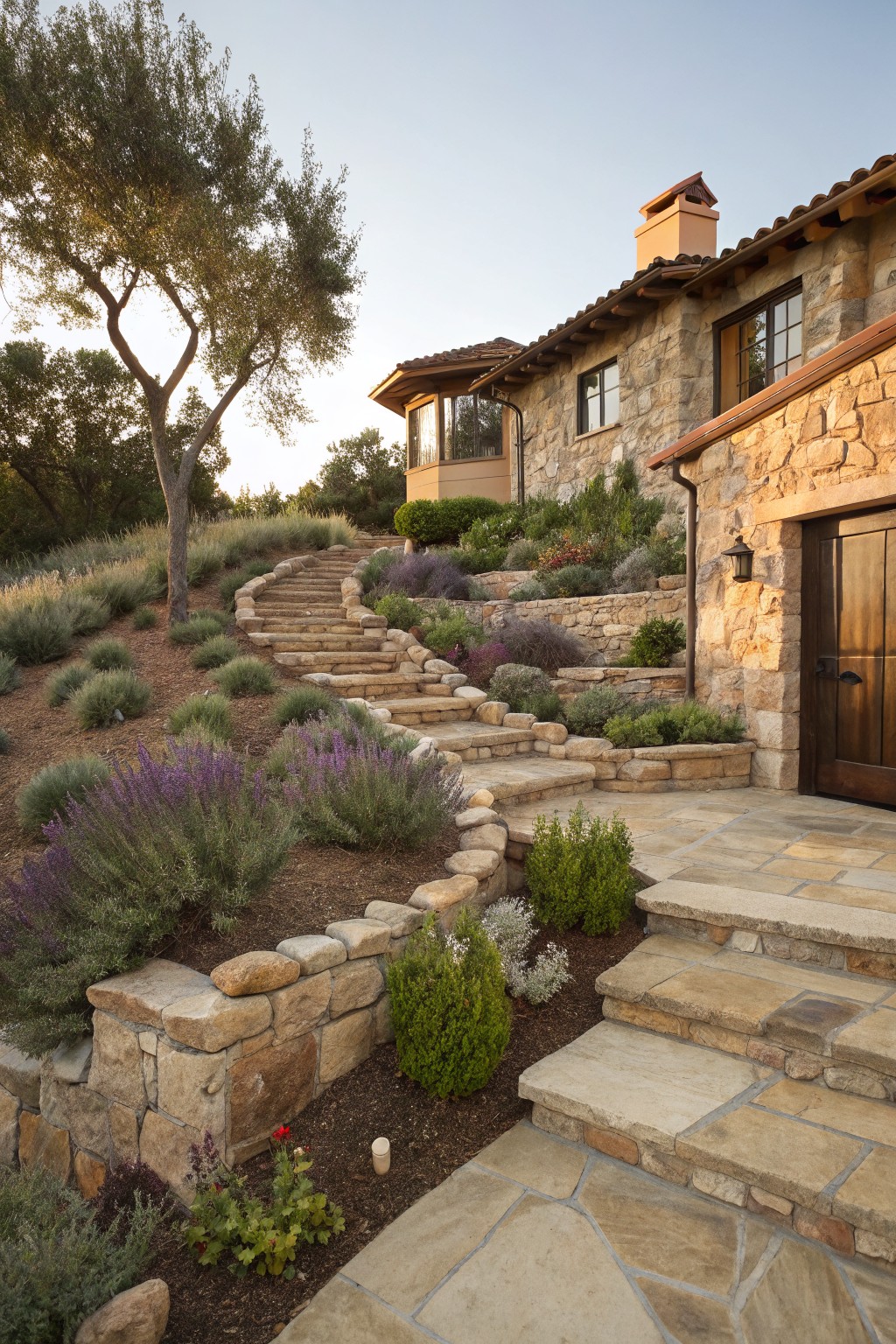 Winding stone staircase ascending a hillside with terraced lavender and shrub plantings beside stone retaining walls leading to a house garage door.