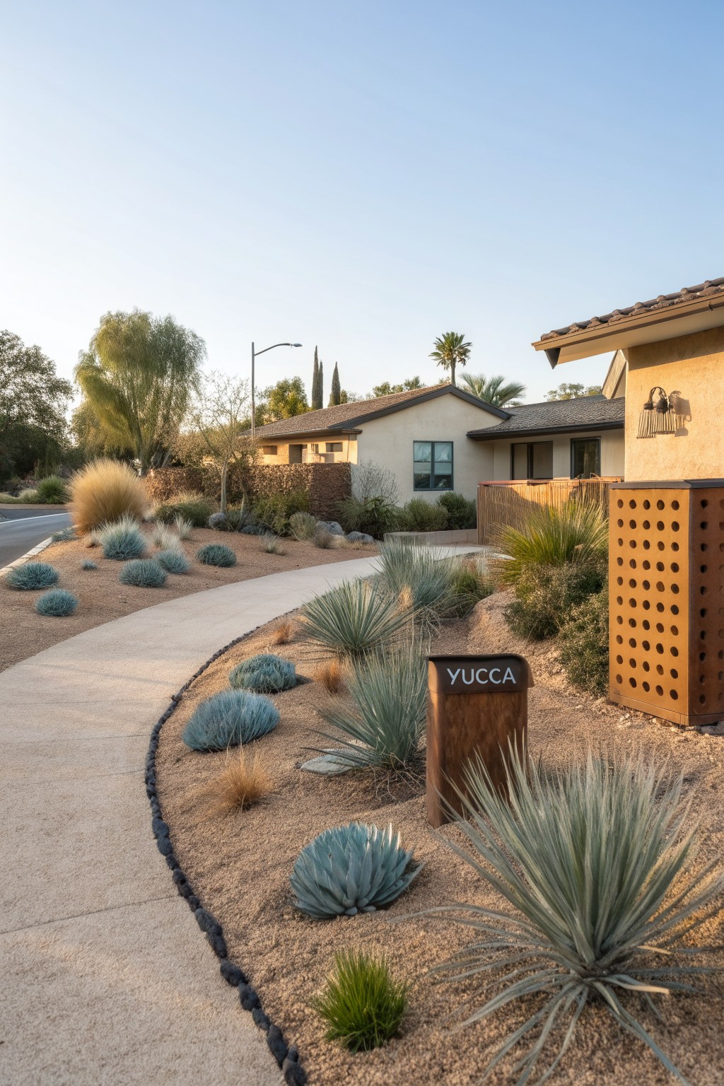 Curved concrete pathway winding through gravel-mulched front yard planted with agave, yucca, and grasses beside a beige stucco house with palm trees in the background.