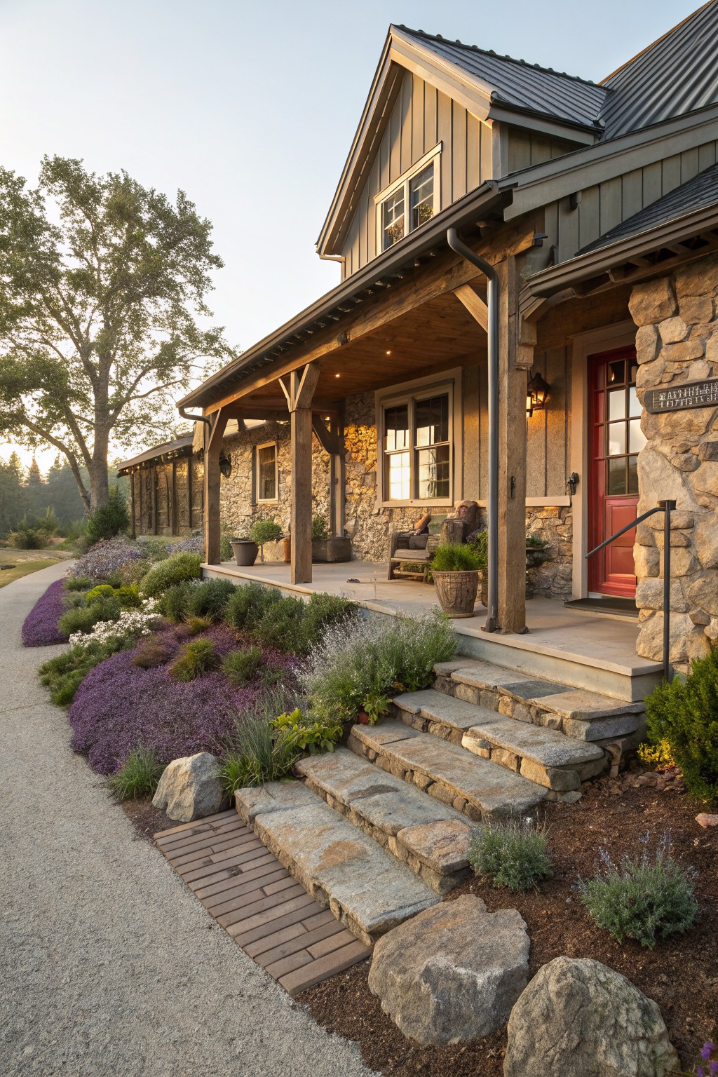 Exterior view of a gray shingled house with a covered wooden porch, red front door, stone steps leading from a gravel path to the porch, flanked by large boulders and beds of purple flowering groundcover plants, shrubs, and grasses.