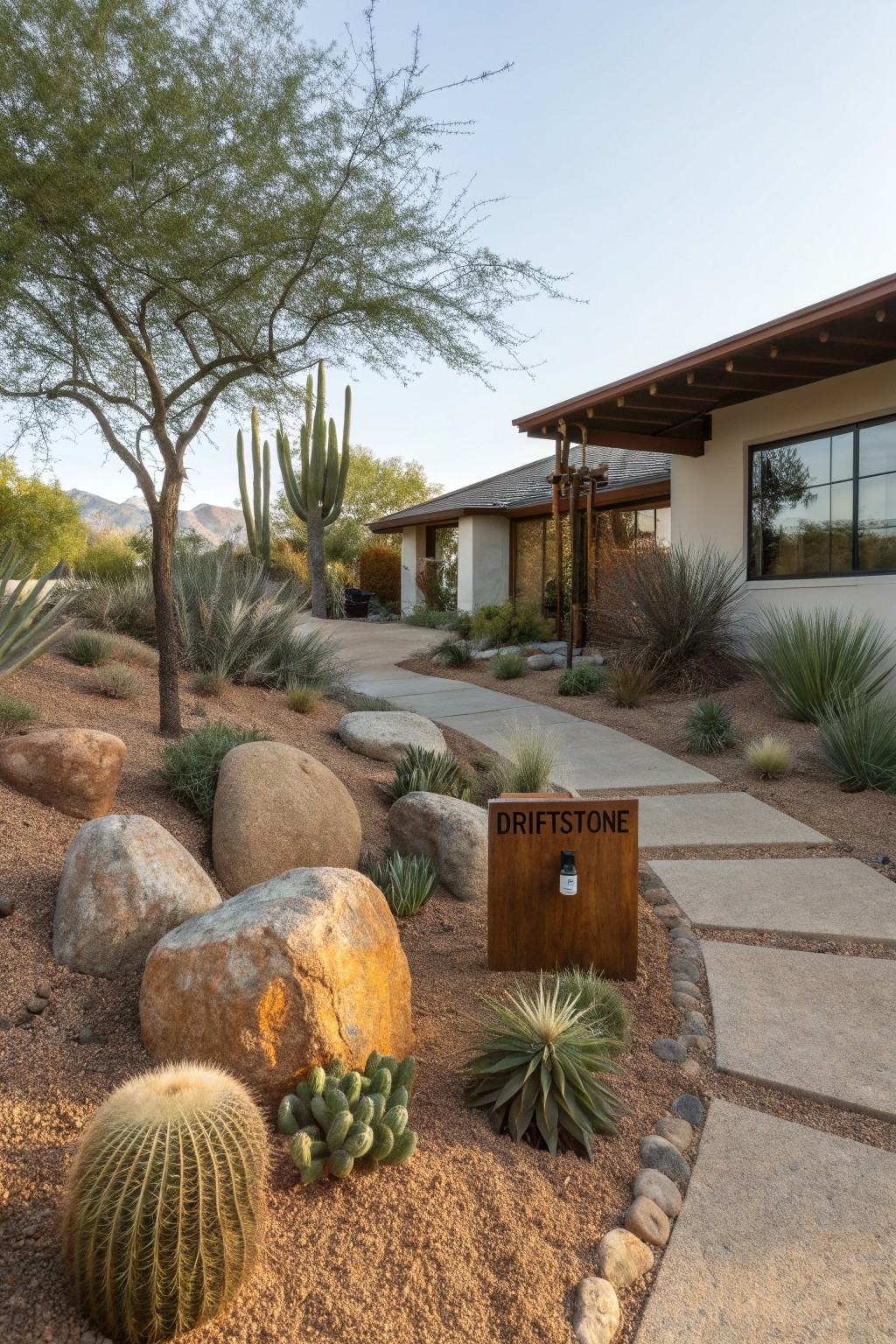 Desert front yard landscaping with large boulders, gravel mulch, succulents and cacti, a curved concrete stepping stone pathway, and a wooden sign labeled DRIFTSTONE next to a modern house and mountains.