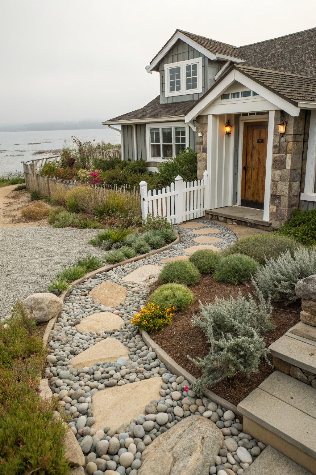 Front yard of a shingled coastal house with a curved pathway of large flat stones set in white pebbles and gravel, bordered by low shrubs, succulents, and grasses, leading to stone steps and a wooden entry door near a foggy bay.
