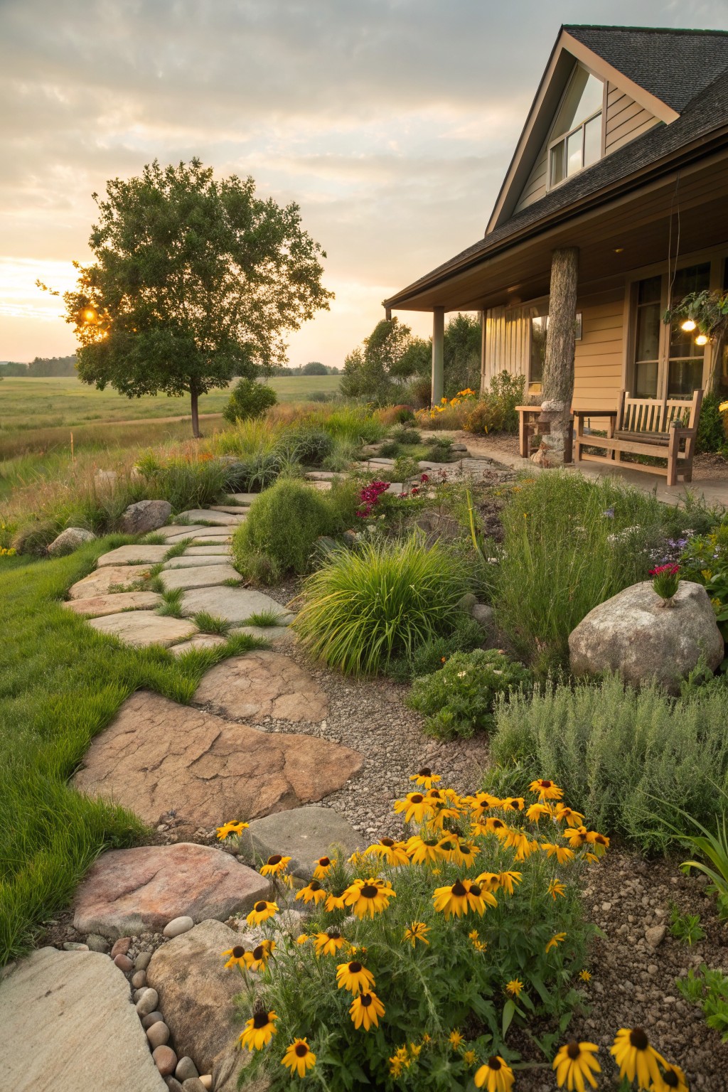 Front yard landscaping featuring a curving path of irregular flat stones through gravel mulch, ornamental grasses, wildflowers, shrubs, and large boulders, leading to a covered wooden porch on a light brown house with fields and trees in the background at sunset.