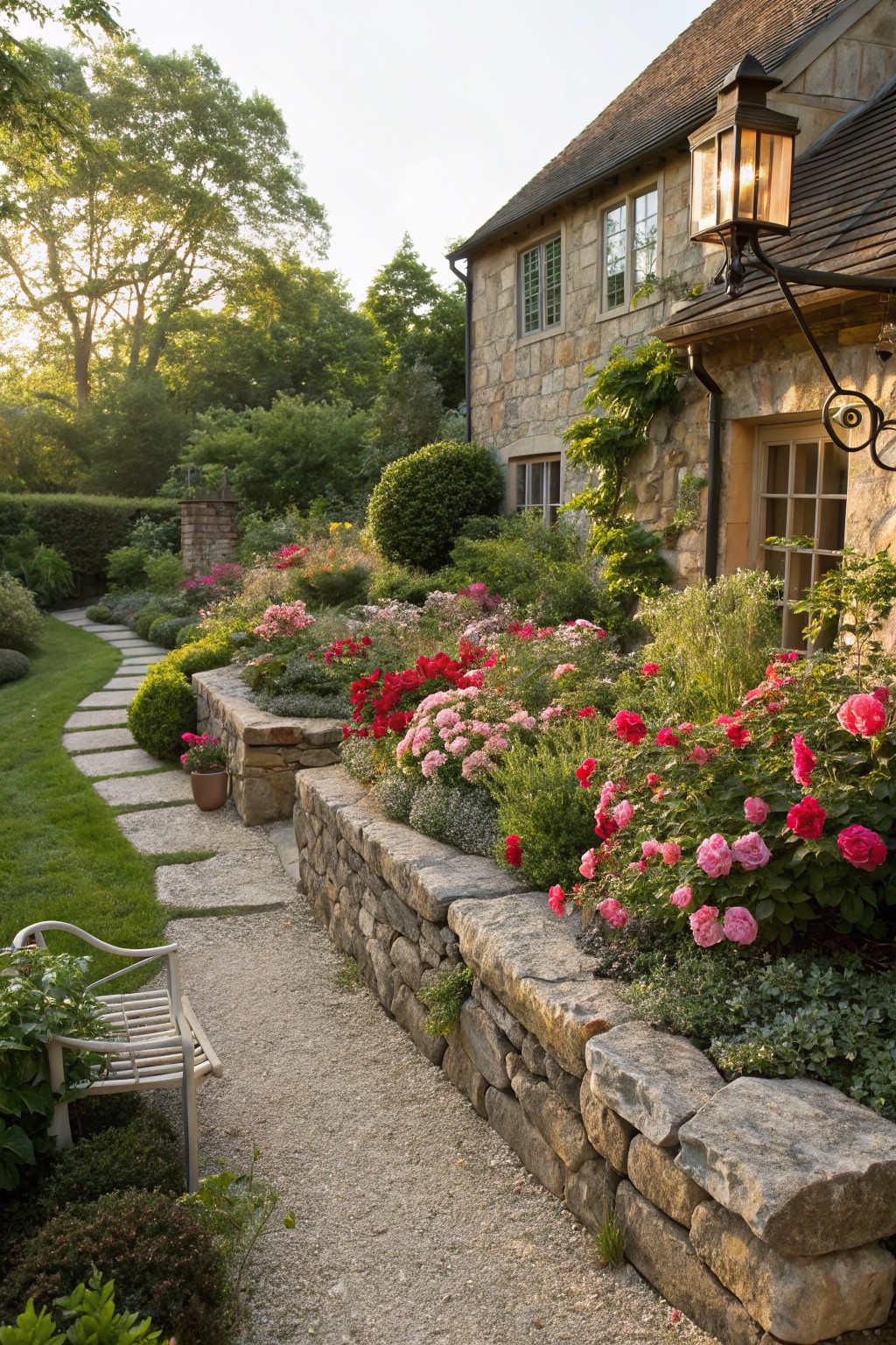 A winding garden path of stepping stones and gravel runs alongside a low dry-stacked stone retaining wall supporting beds of pink and red roses and other plants, adjacent to the stone exterior of a house with an arched lantern above the door.