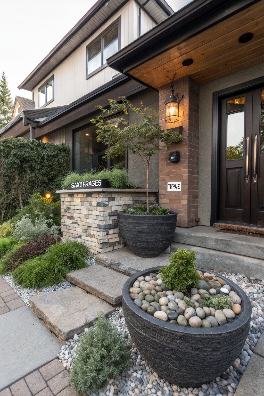 Front yard of a modern house featuring large black pots filled with multicolored river rocks and small evergreen shrubs, placed near stone steps and gravel areas beside a brick-accented entryway with wooden doors.