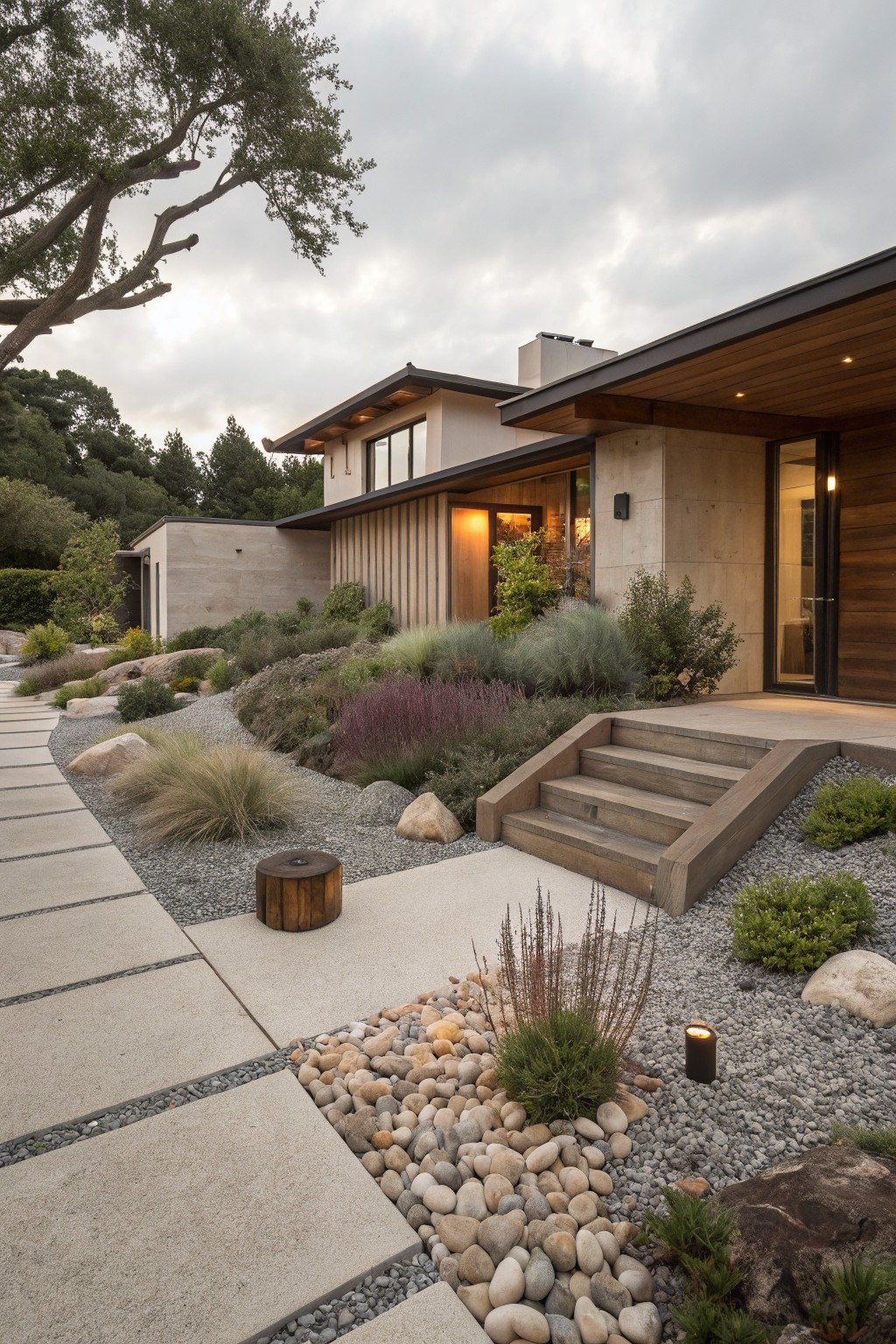 Contemporary house exterior with stone and wood elements, concrete paver pathway edged by gravel, boulders, grasses, shrubs, and steps leading to a wooden door under an overhanging roof.