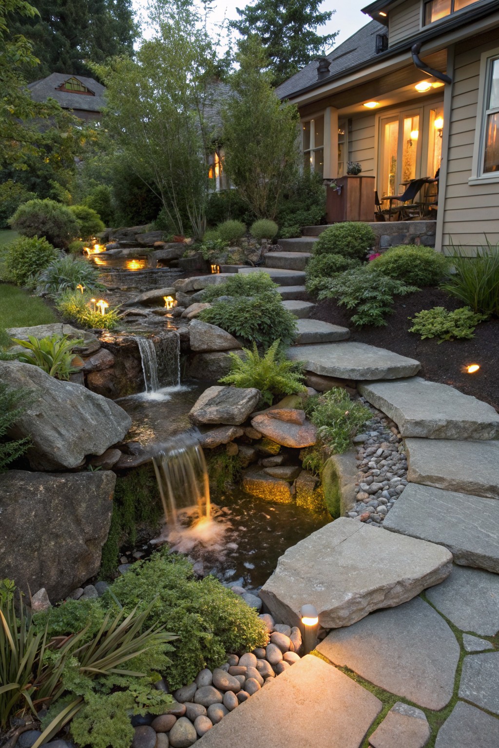 Front yard stone pathway curving past a small rock waterfall flowing into a pond, surrounded by plants, pebbles, and low-voltage lights, with a house visible in the background.
