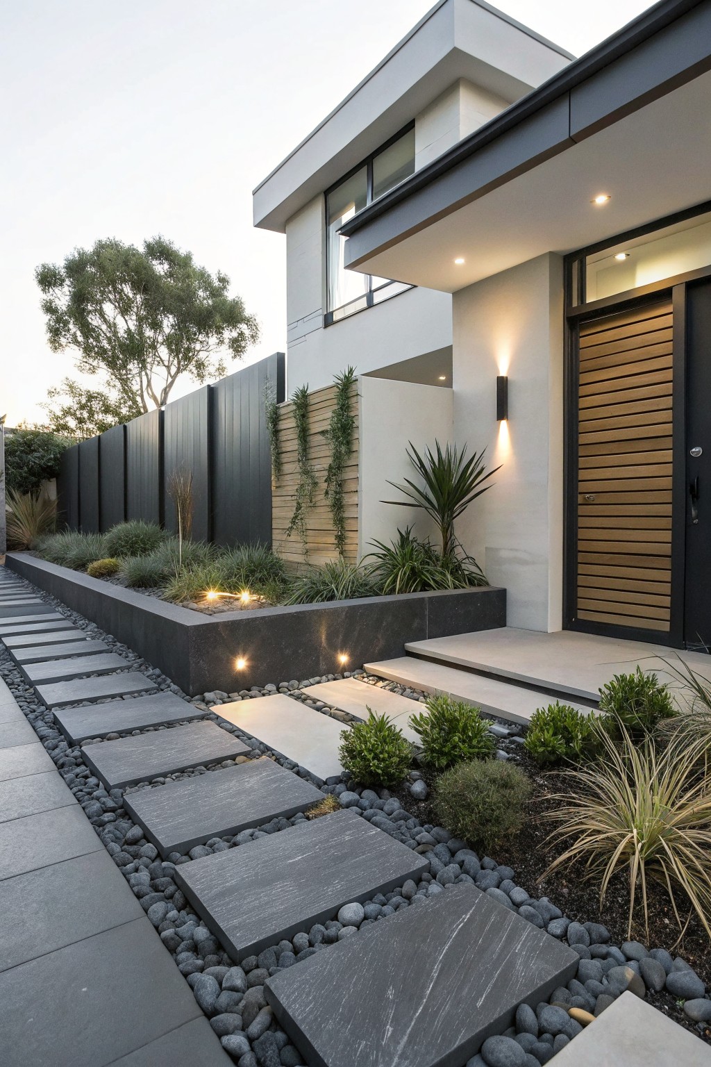 Front yard of a modern white house featuring a pathway of irregularly shaped dark gray slate stepping stones set into black pebble mulch, bordered by raised black planters filled with grasses, succulents, and small shrubs leading to a wooden front door.