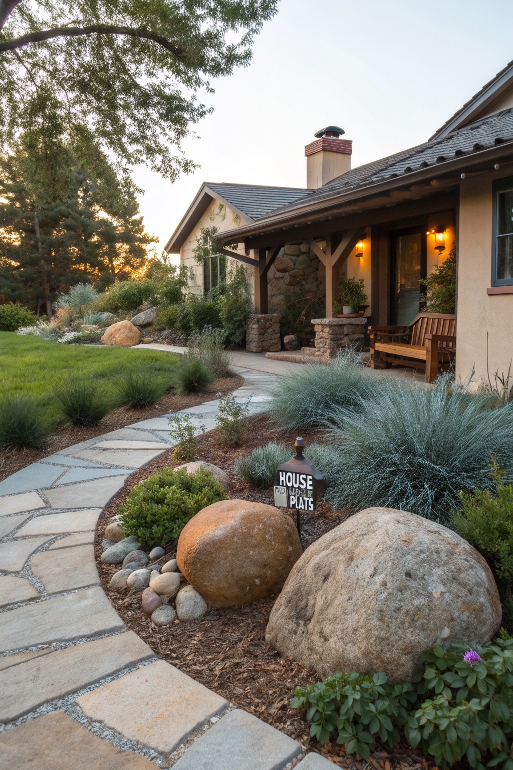 Front yard with curving flagstone path edged by large boulders, ornamental grasses, shrubs, mulch, and a sign, leading to a porch on a beige stucco house under trees at dusk.