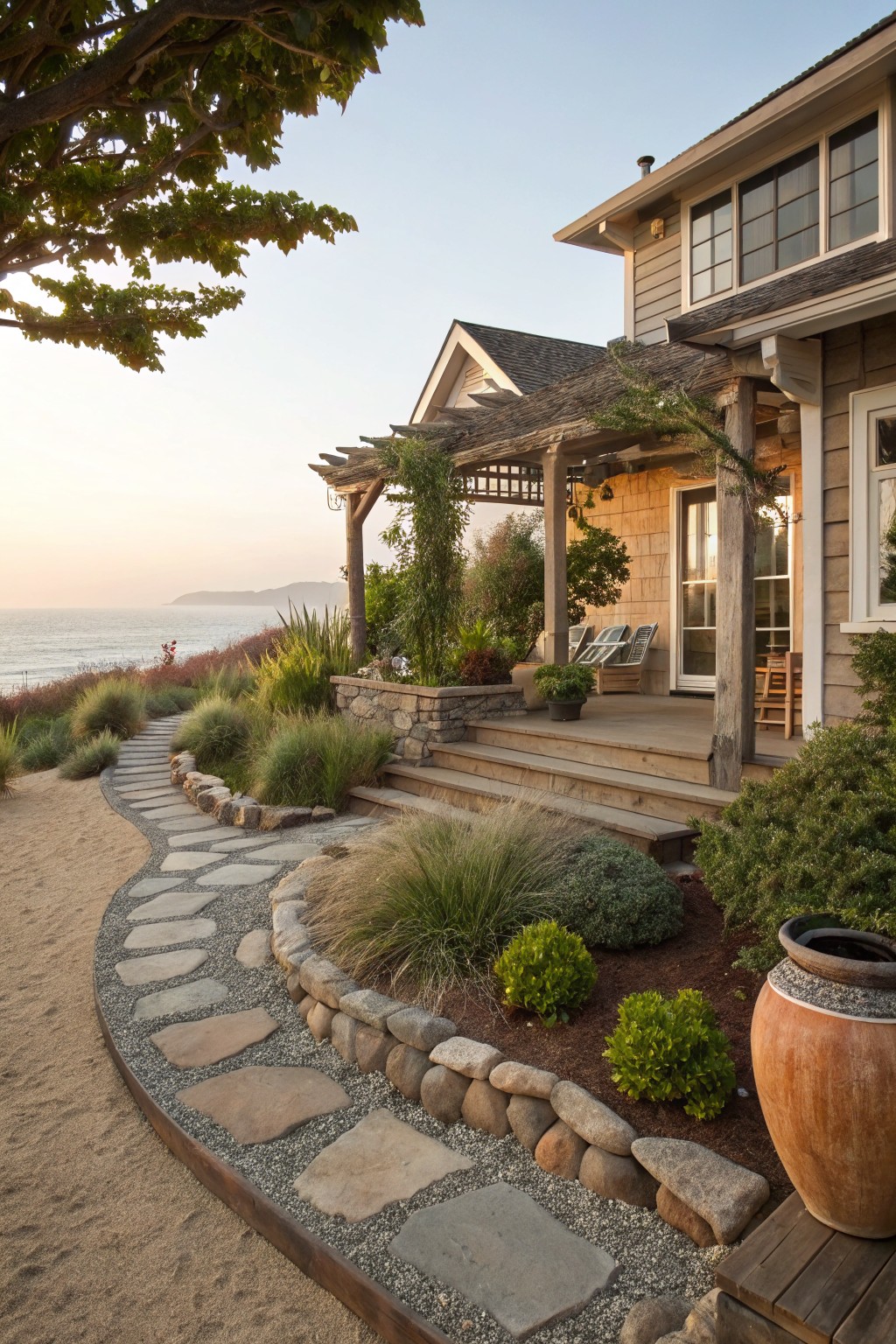 Curved flagstone pathway edged with irregular rocks and gravel in a front yard, winding through grasses and shrubs toward a shingled house porch by the ocean.