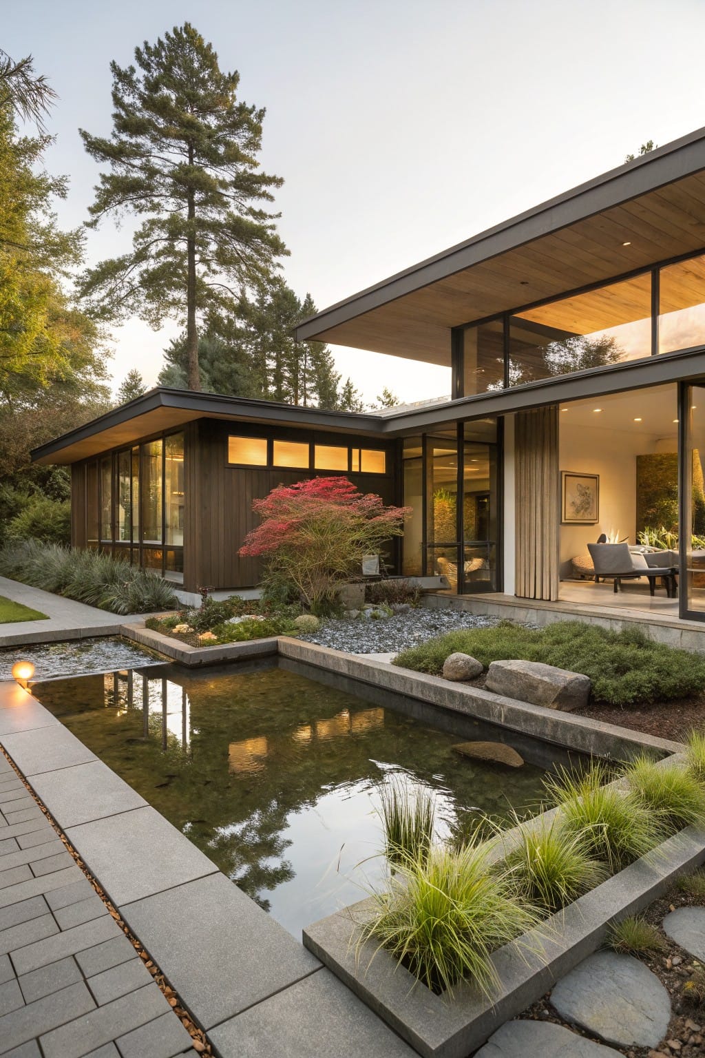 Modern wood-clad house with large windows and overhanging roof next to a rectangular stone-edged reflecting pool surrounded by grasses, rocks, and a small red maple tree.