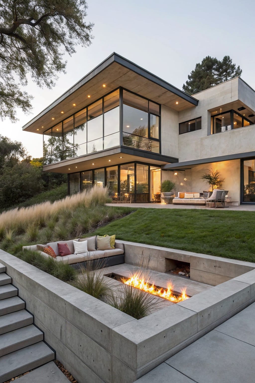 Contemporary two-story house with beige stucco and wood accents overlooking a backyard patio that includes a sunken linear fire pit edged in concrete and grasses, with cushioned seating, steps, and surrounding lawn and trees.