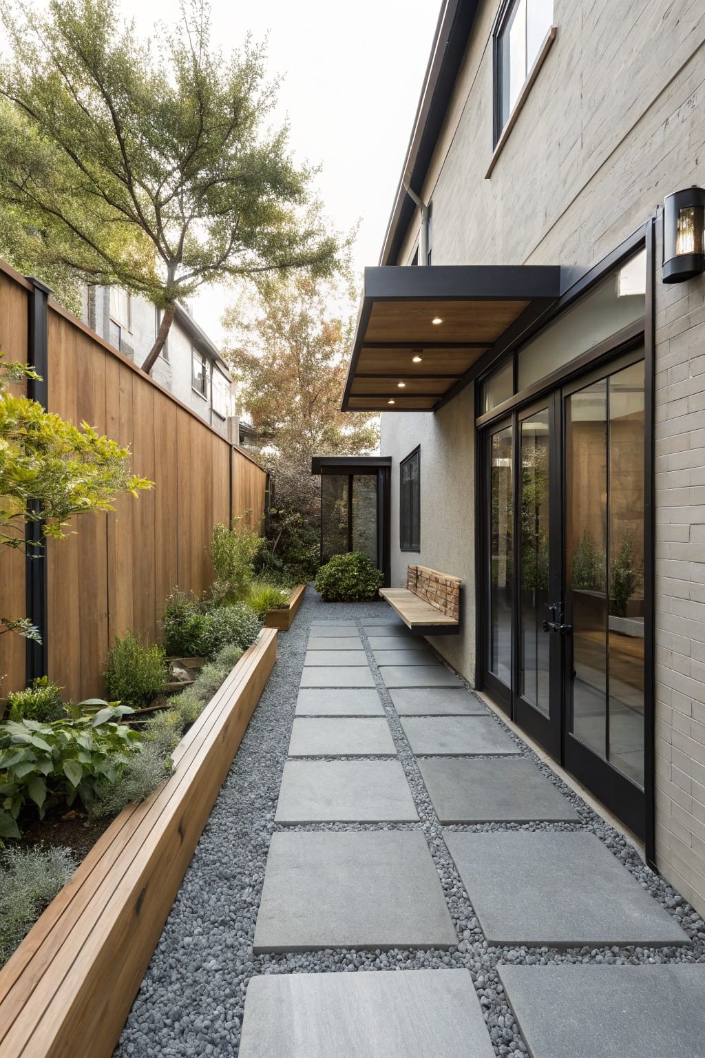 Narrow side yard pathway next to a modern house featuring large gray rectangular pavers set in gravel, wooden raised planters filled with greenery, a wooden bench, and black-framed sliding glass doors along beige brick walls.