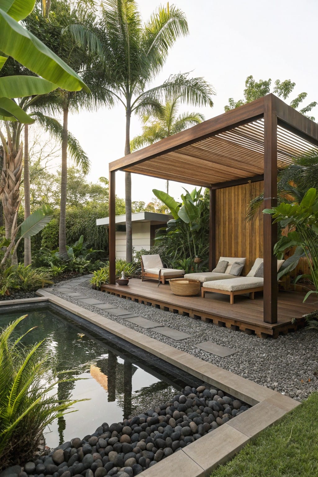 Wooden slatted pergola sheltering two lounge chairs and an ottoman on a raised deck next to a rectangular pool edged with pebbles and surrounded by palm trees and tropical plants.