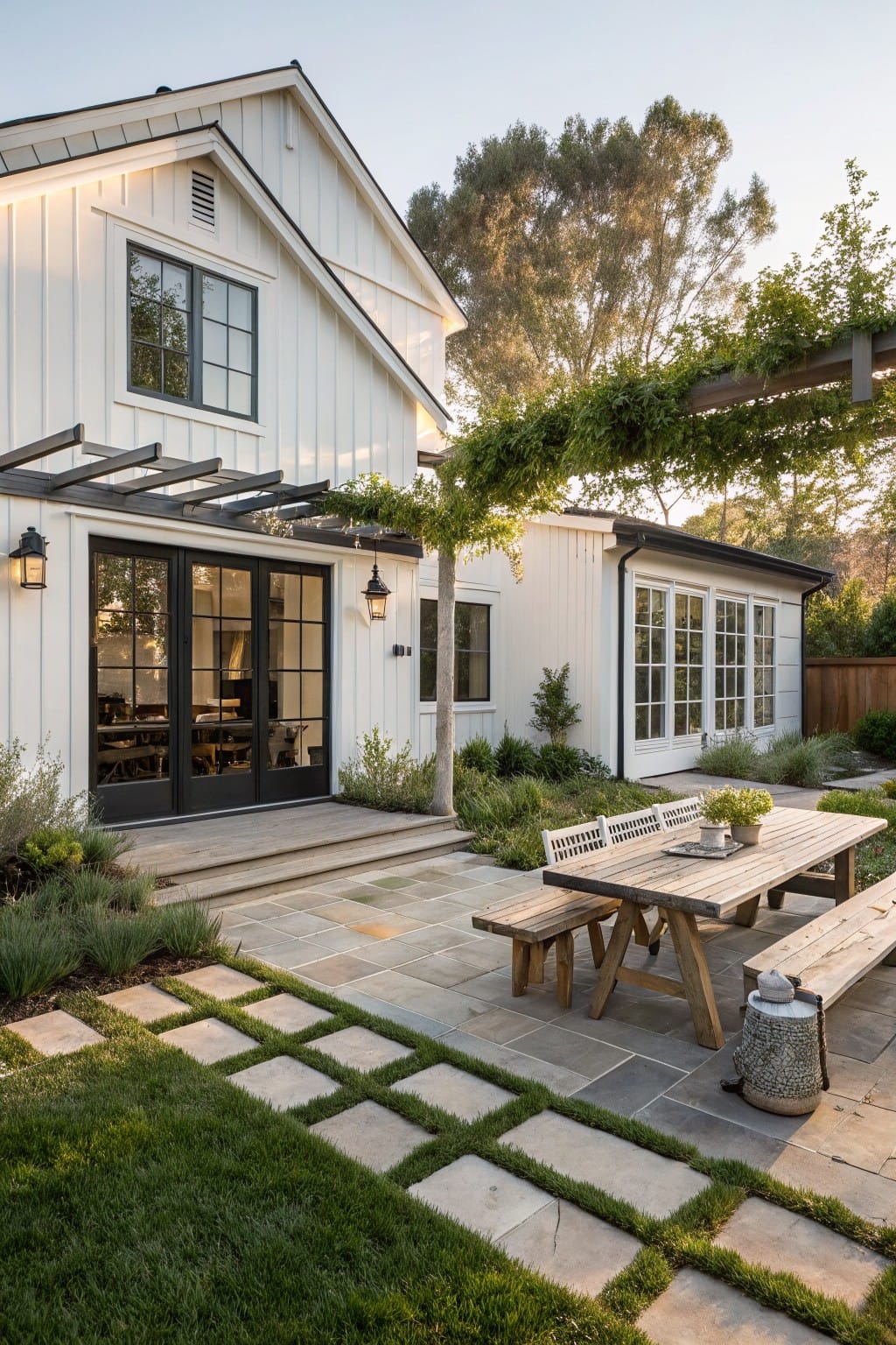 White board-and-batten house exterior with black-framed sliding doors opening to a backyard patio featuring a vine-covered pergola, stone paver pathway in grass, wooden picnic table with benches, post lanterns, and low plantings.