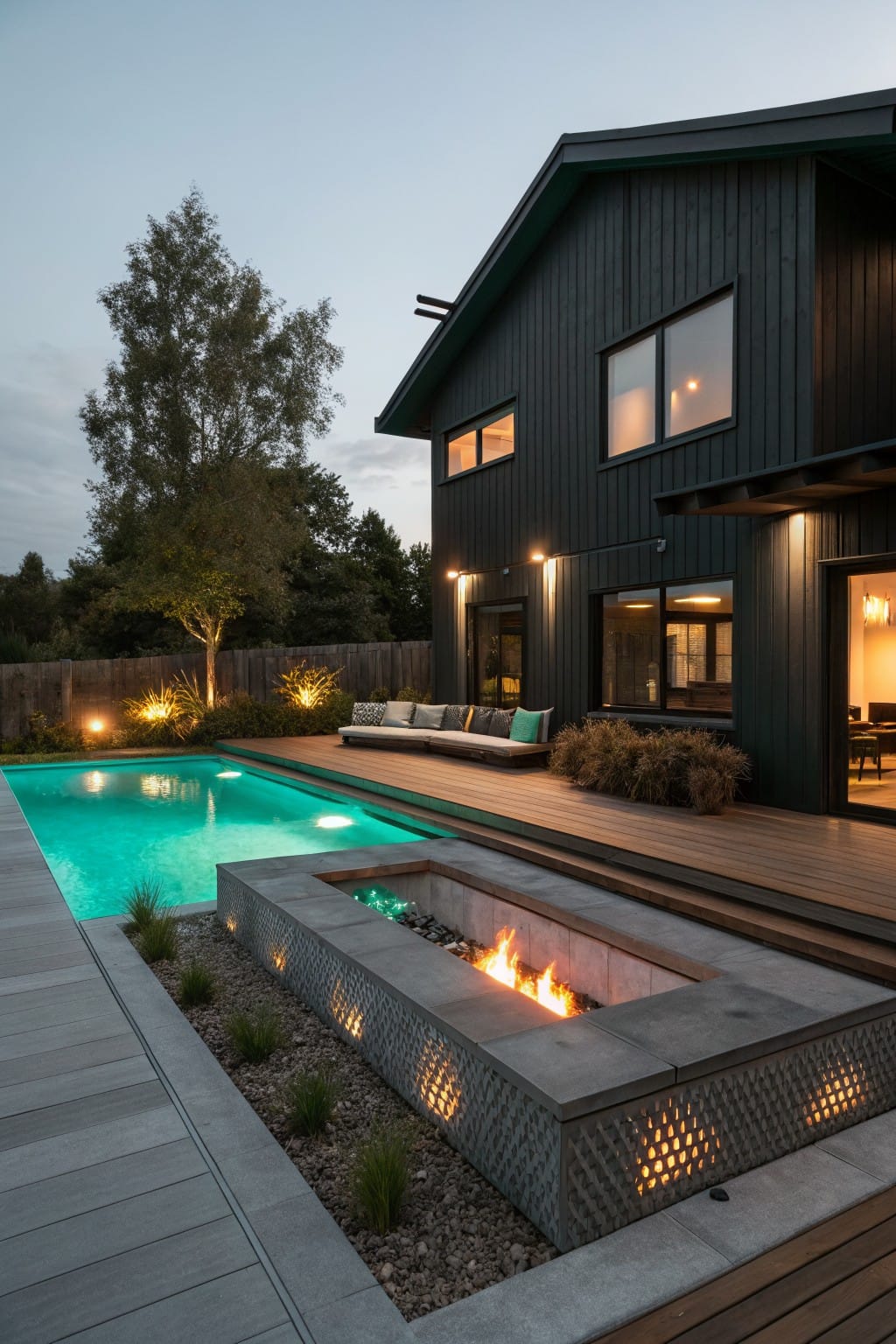 Dark wood-clad modern house beside a turquoise pool on a wooden deck with a lit linear concrete fire pit, ornamental grasses, outdoor seating, and dusk lighting
