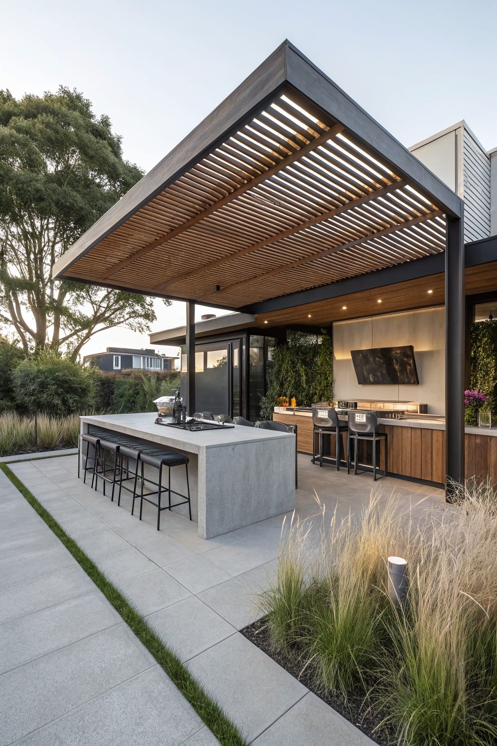 Contemporary backyard outdoor kitchen under a large black slatted metal pergola, with gray concrete island countertop, black bar stools, built-in grill, wall TV, and surrounding potted plants and tall grasses on a paved patio.