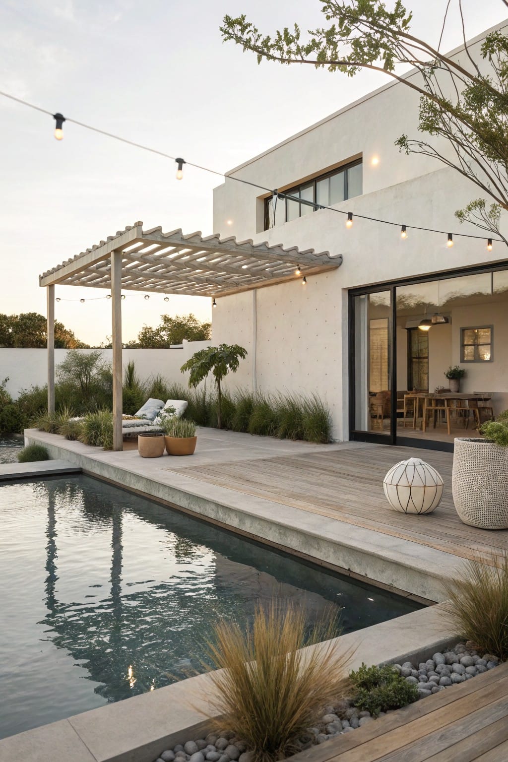White stucco contemporary house with glass sliding doors opening onto a wooden deck adjacent to a rectangular pool, shaded by a slatted wooden pergola strung with lights, with grasses, potted plants, and gravel edging nearby.