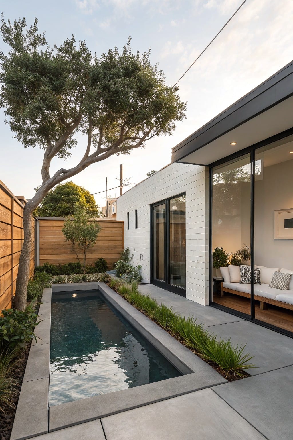Narrow rectangular plunge pool with dark water runs parallel to a white brick house wall featuring large glass doors, bordered by green grasses and plants, with an outdoor bench seat, wooden fence, and olive tree in a backyard setting.