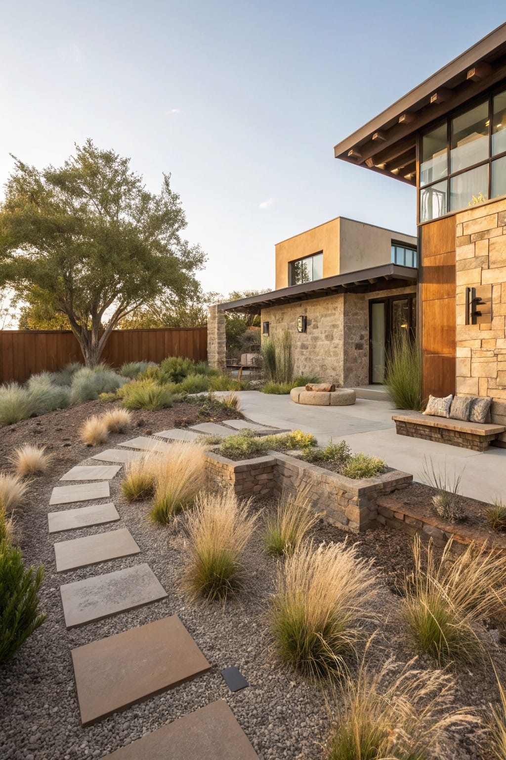 Contemporary backyard with curved irregular stone paver pathway set in gravel among ornamental grasses leading to a cushioned bench on a low stone wall next to the house.