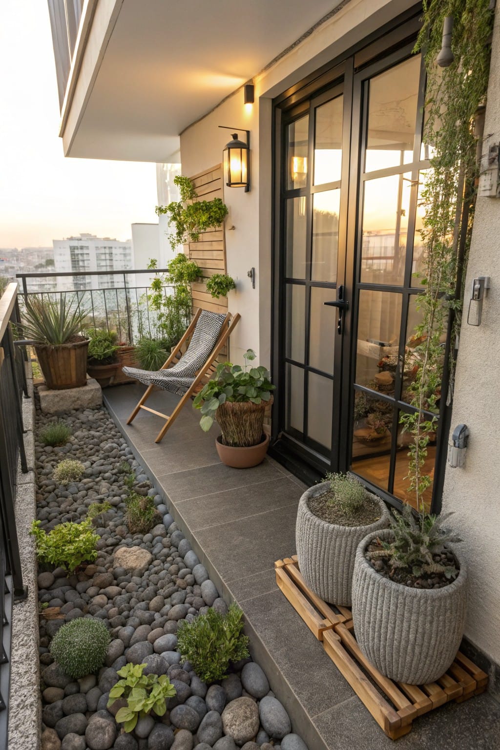 Narrow balcony with a linear rock garden of pebbles and small succulents along the edge, potted plants, a wooden lounge chair, and black-framed glass sliding doors opening to an interior room.