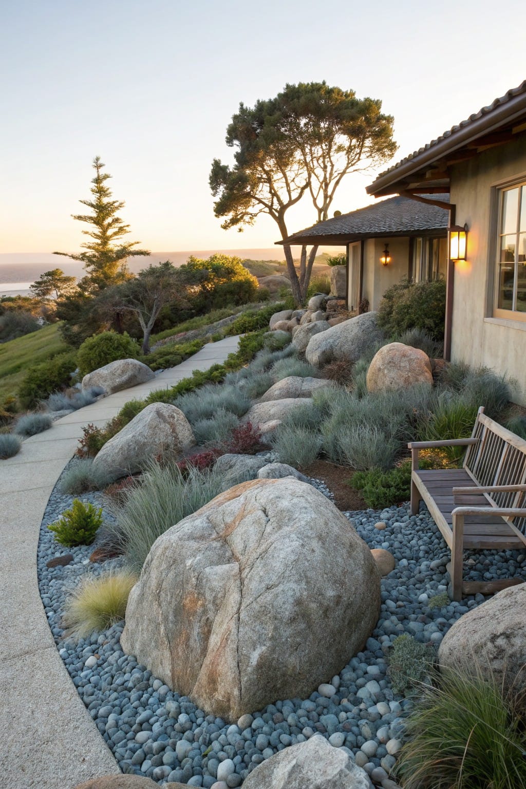 Curved concrete path winding through large gray boulders edged with blue gravel and silver grasses, wooden bench near beige stucco house, pine trees, coastal hillside, and ocean view at sunset.