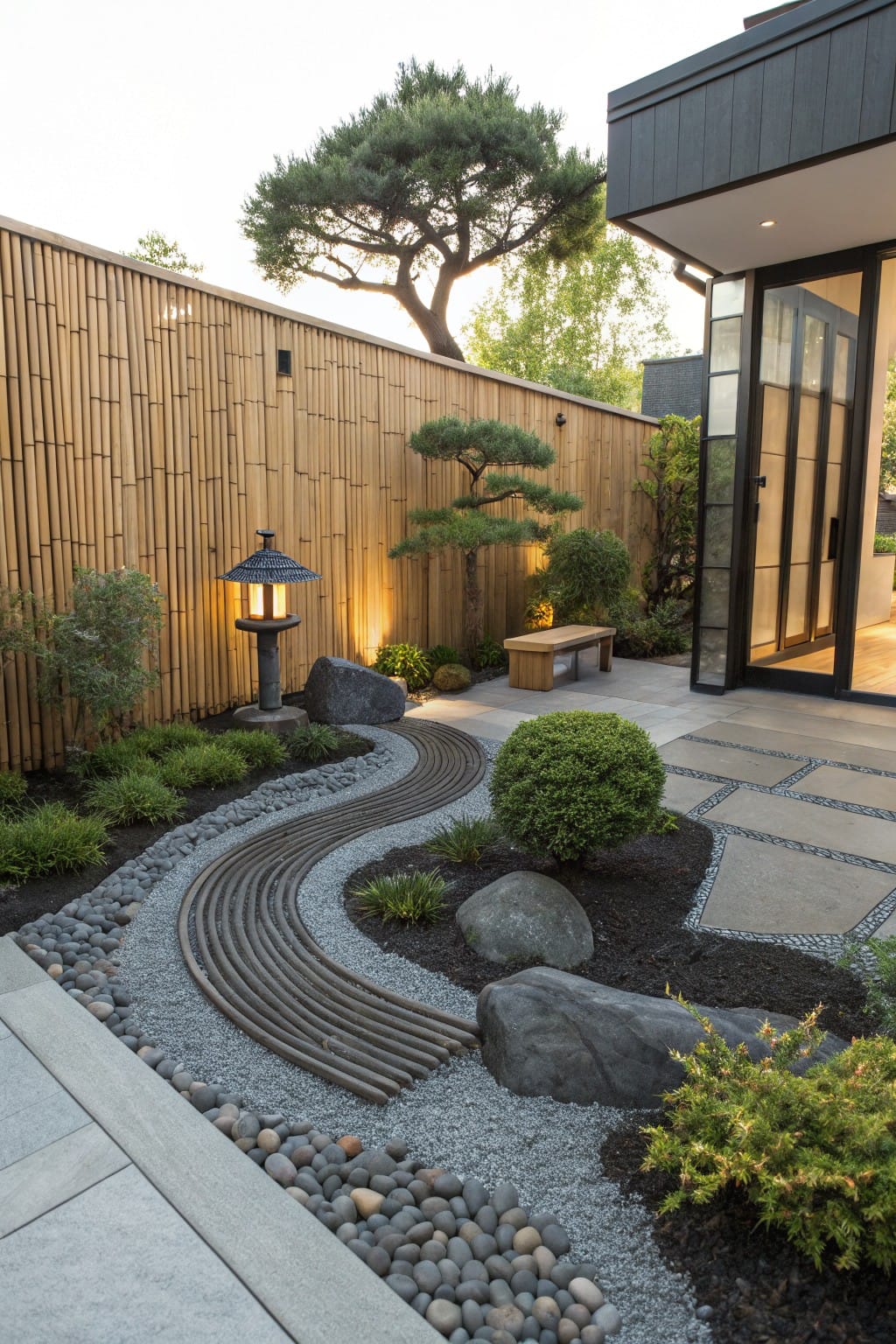 A backyard rock garden with a curved gravel path edged by thin metal strips, surrounded by pebbles, large rocks, low shrubs, a stone lantern, wooden bench, bamboo fence, and glass doors on a modern house.