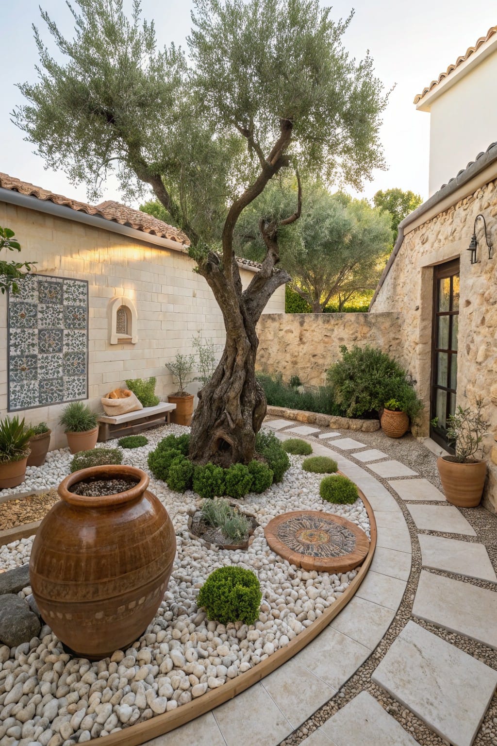 Stone courtyard garden with central olive tree in gravel bed surrounded by low shrubs and plants, curved white pebble path, terracotta pots, and adjacent stone walls with door and tiled roof.