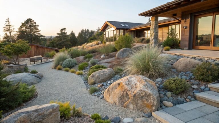 Curved concrete path winding through large gray boulders edged with blue gravel and silver grasses, wooden bench near beige stucco house, pine trees, coastal hillside, and ocean view at sunset.