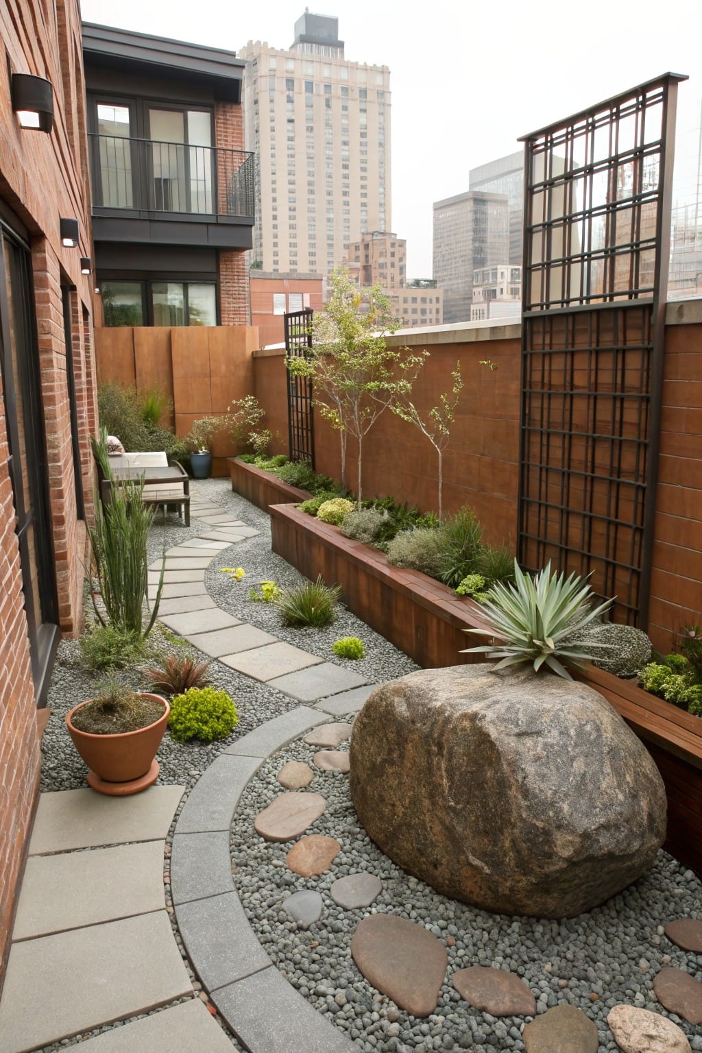 Rooftop rock garden with brick walls, wooden raised planters containing succulents and grasses, a meandering path of pavers through gravel, a large gray boulder, and a bench nearby, viewed against a city skyline.