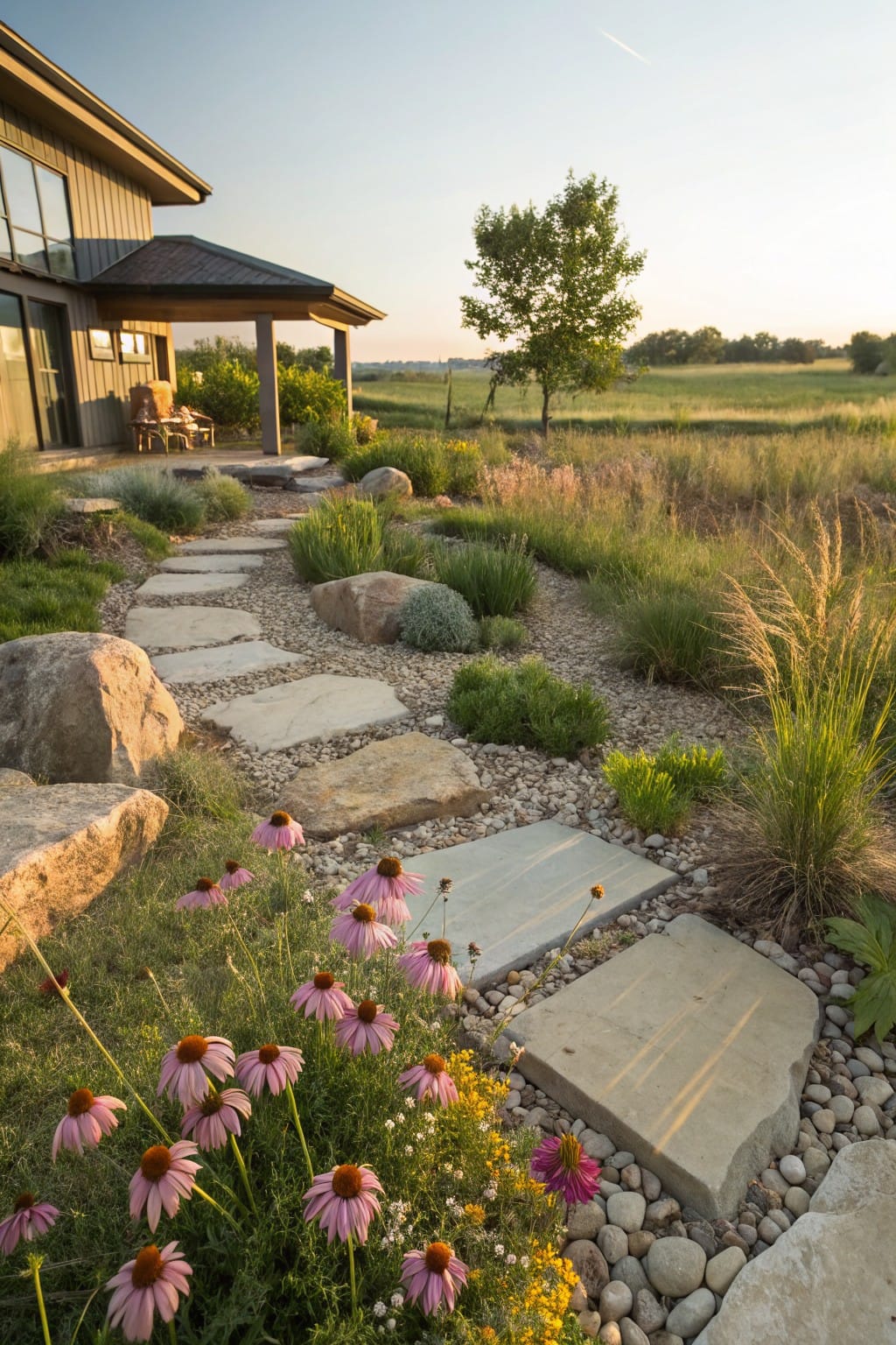 Winding path of large irregular sandstone slabs through a gravel rock garden with boulders, coneflowers, ornamental grasses, and shrubs, leading to a modern wood-sided house with covered porch and prairie fields in background at sunset.