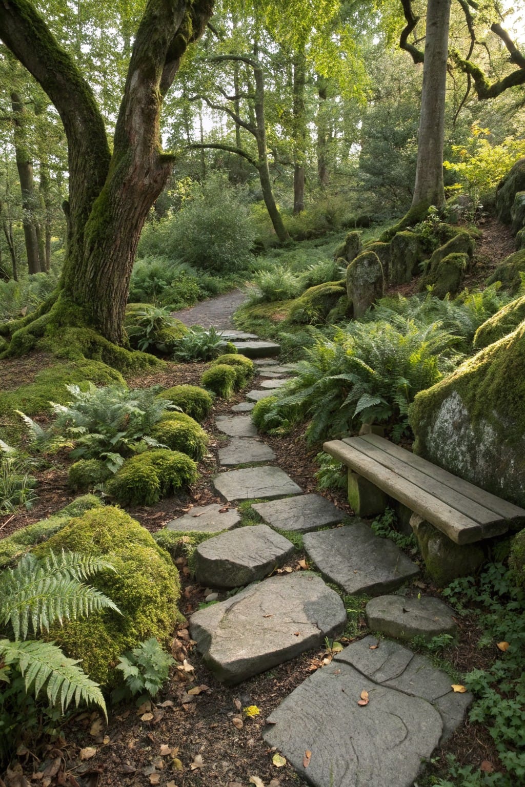 A winding garden path of irregular gray stone slabs set into mossy ground, lined with ferns and moss-covered boulders, with a wooden bench positioned beside the path.