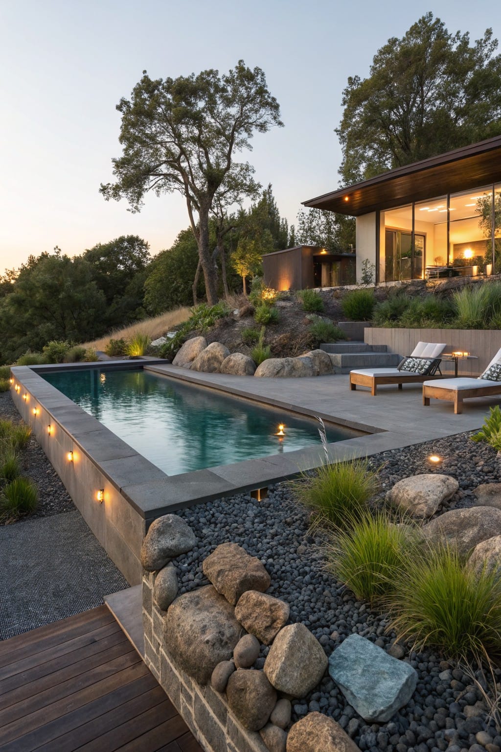 Modern rectangular infinity pool on a concrete deck surrounded by large boulders, gravel mulch, grasses, and steps leading to a contemporary house on a wooded hillside at dusk.