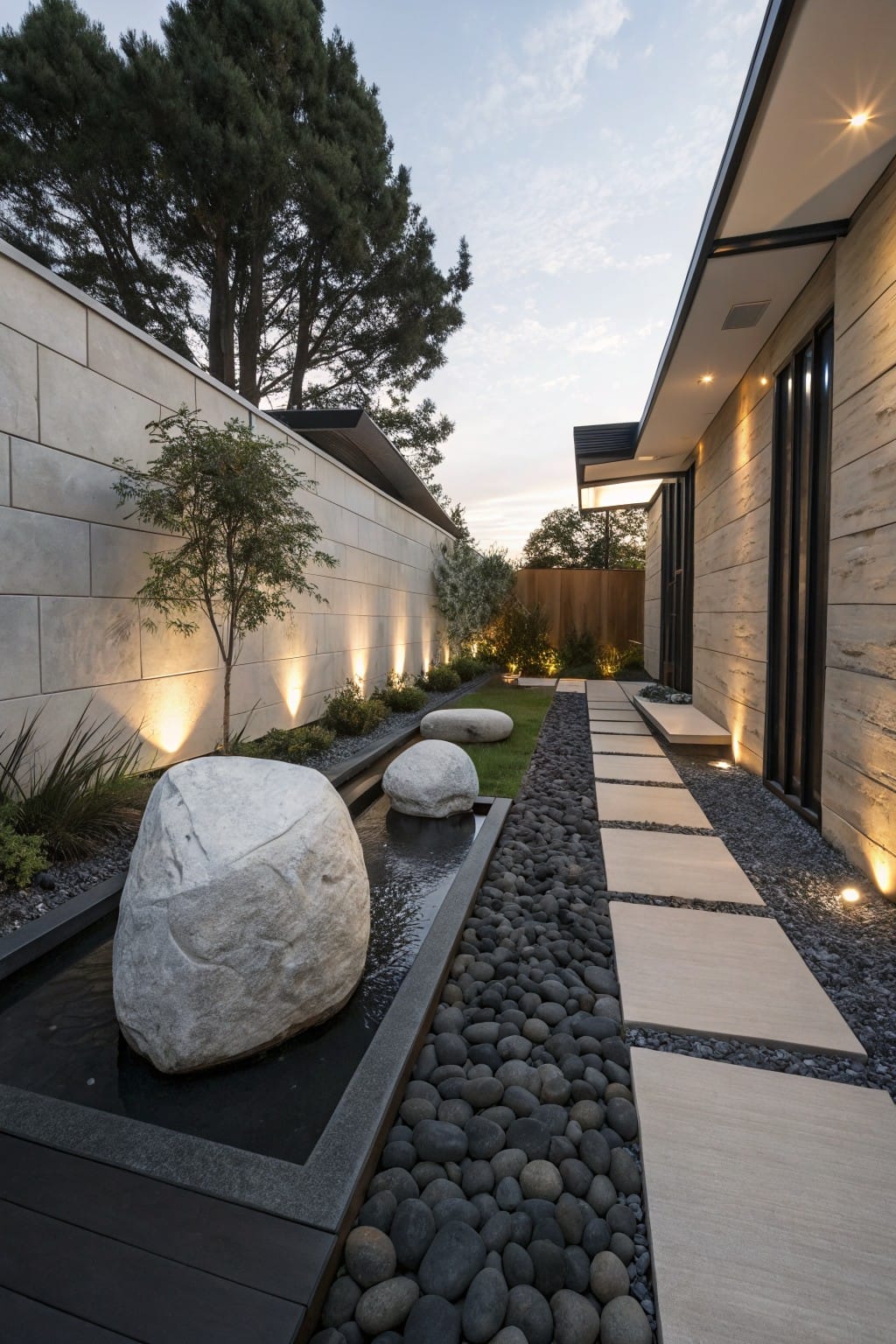 Narrow outdoor pathway with light stone slabs next to a shallow black water channel containing large white boulders and surrounded by black pebbles, alongside a modern beige stone wall with uplights and trees in the background.