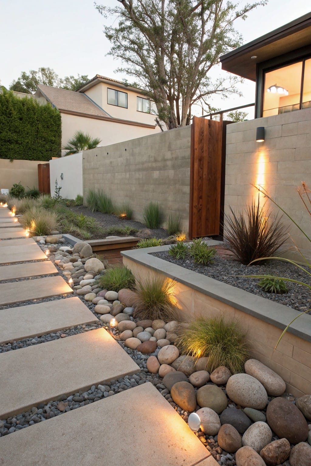 Garden pathway of large rectangular concrete pavers set in pebble gravel beds lined with river rocks and ornamental grasses, with recessed low lighting along the edges, bordered by stucco walls and a wooden gate near a house.