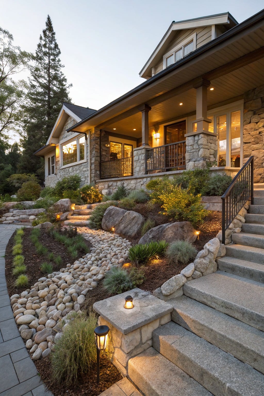 Dusk photo of a house exterior with wide concrete steps bordered by boulders and plants, leading from a curving gravel path through a rock garden with path lights and surrounding trees.