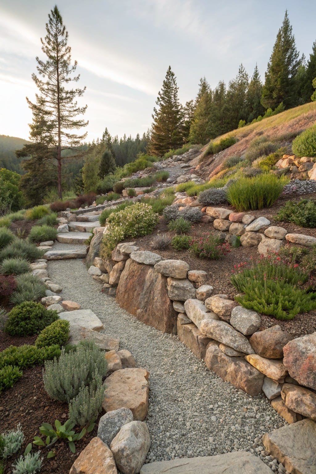 A winding gravel path with irregular stone steps terraced into a hillside, edged by large boulders, dry-stacked rock retaining walls, low-growing shrubs, grasses, and small plants under tall pine trees.