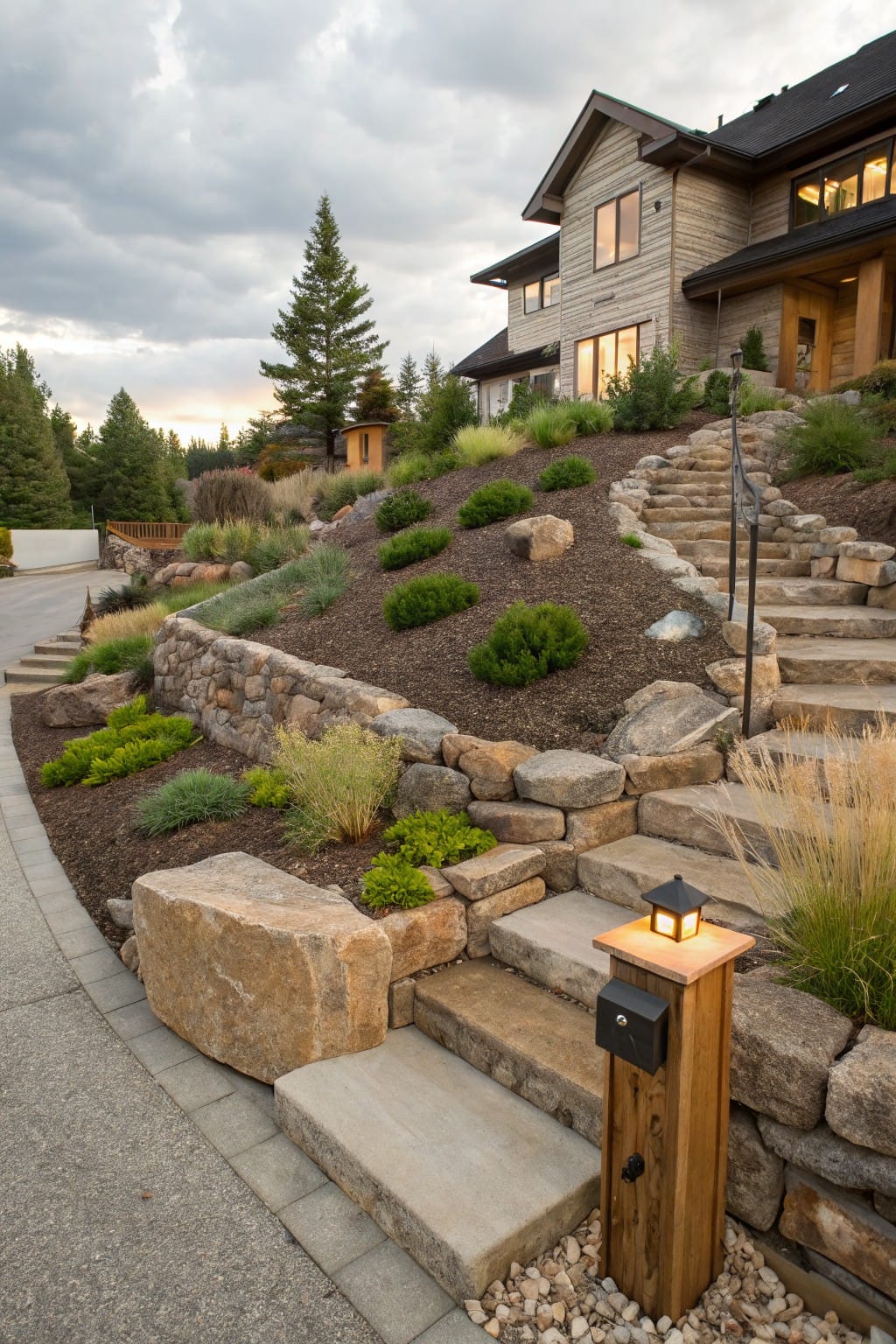 Sloped rock garden with large boulders, stone retaining walls, concrete and stone steps, low shrubs and ornamental grasses, curving up to a wooden-sided house under a cloudy sky.