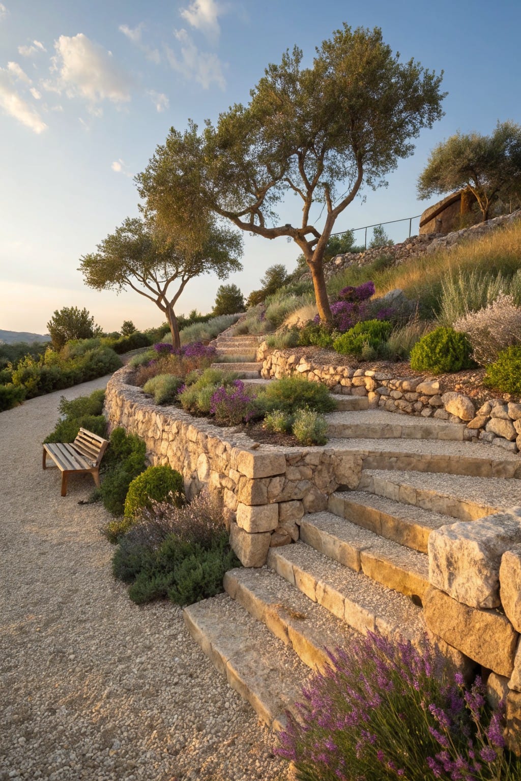 Winding broad stone steps terraced up a hillside with dry stone retaining walls, gravel paths, olive trees, lavender plants, and drought-tolerant shrubs.