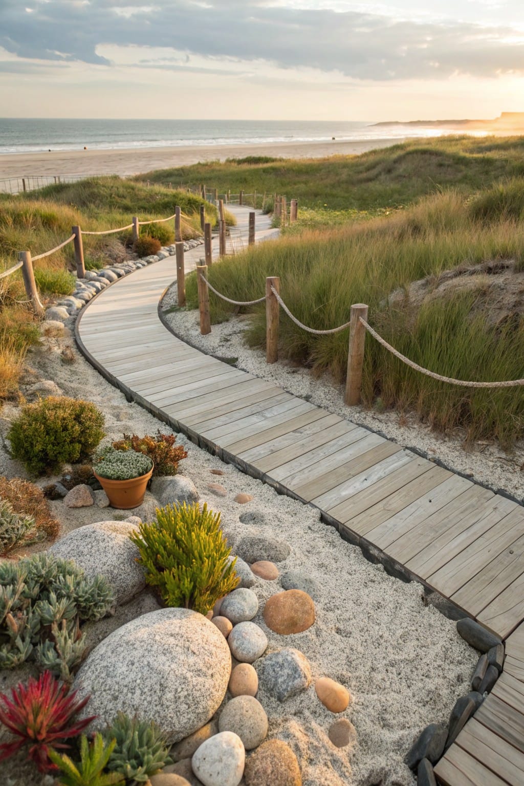 A curving wooden boardwalk path winds through a dune landscape edged with rocks, sand, succulents, grasses, and wooden posts with rope railings, overlooking a beach and ocean at sunset.