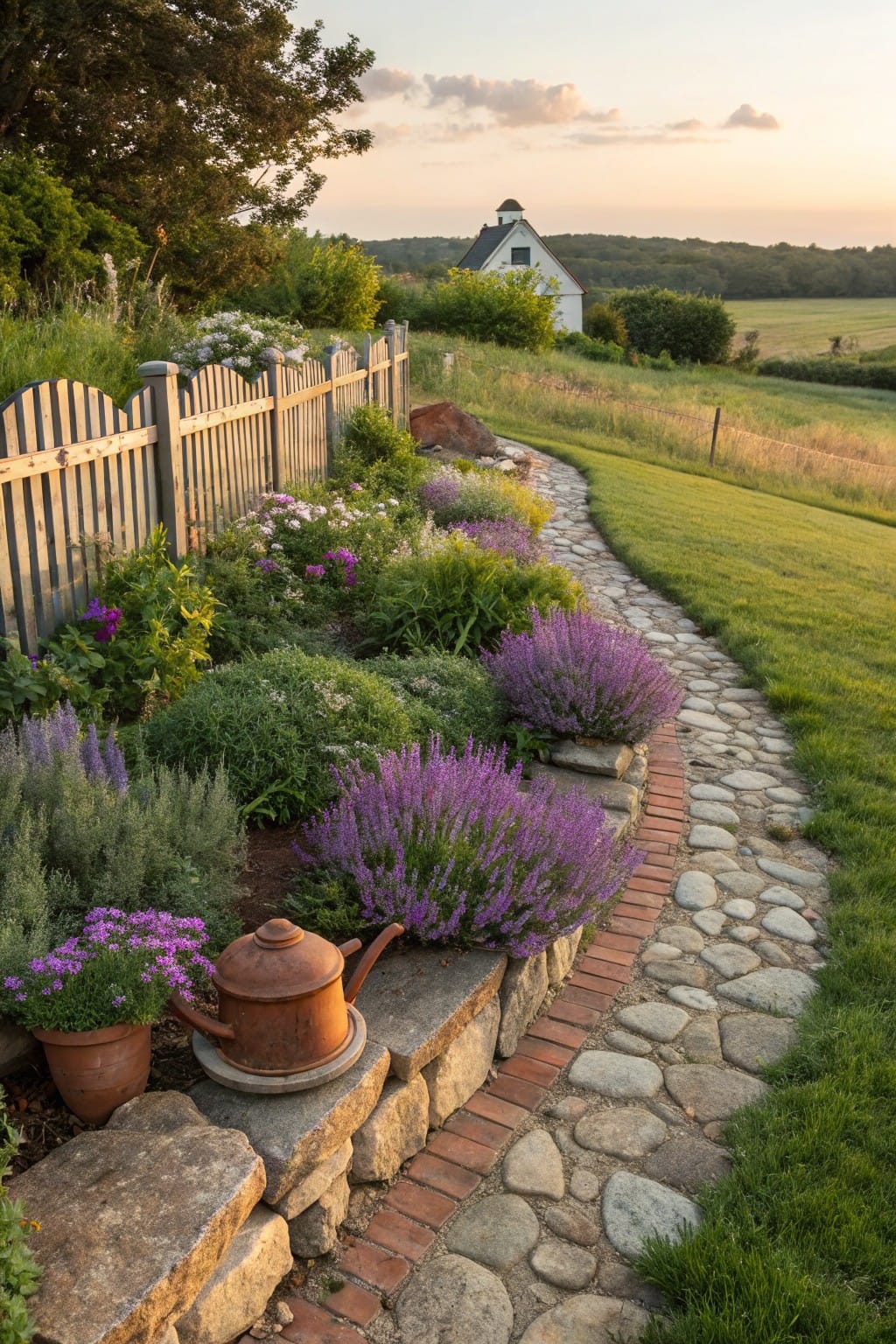 A curved path of flat stones and pebbles bordered by a low brick and stone wall planted with lavender bushes and flowers, next to a grassy hillside, picket fence, and distant white barn at sunset.
