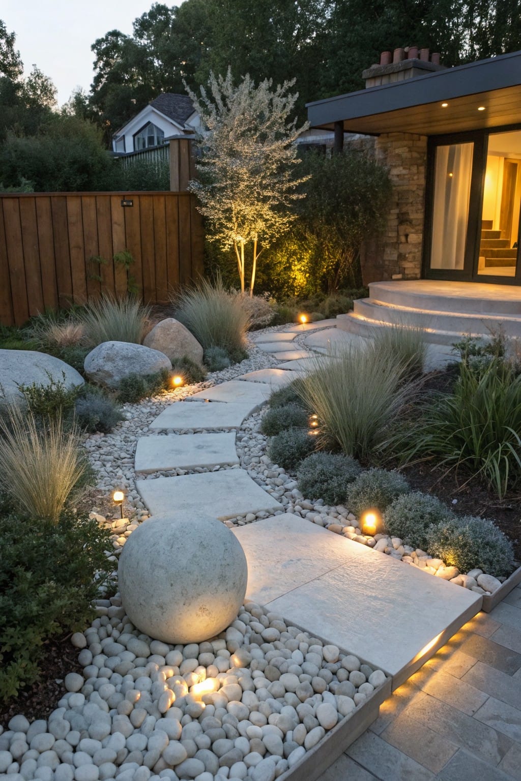 Curved pathway of irregular gray stone slabs set in white pebble ground cover, bordered by ornamental grasses, large boulders, and low garden lights, leading to steps at a contemporary house exterior in evening light.