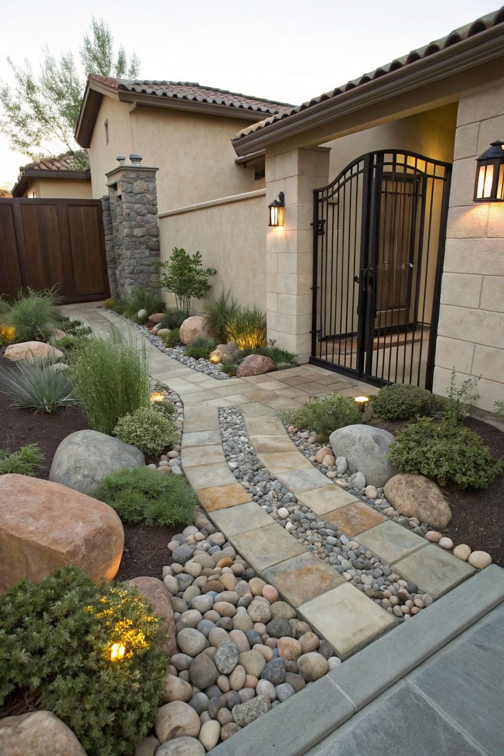 Curving stone paver pathway edged with pebbles and gravel winds through a rock garden with boulders and low plants leading to a black wrought iron gate on a beige stucco house wall flanked by lanterns.