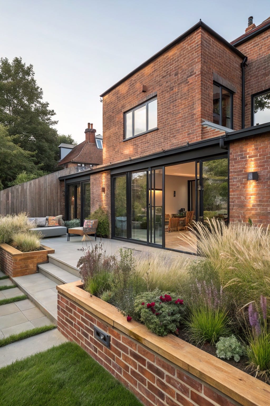 Backyard view of a brick house featuring large black-framed sliding glass doors opening to a paved patio bordered by raised brick planters with grasses and flowers, steps descending to a lawn.
