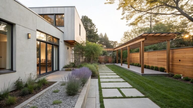 Backyard of a modern white stucco house with wood cladding and a covered walkway, featuring large glass doors to a patio, a pathway of square concrete pavers set in white gravel lined with lavender plants, and adjacent green lawn.